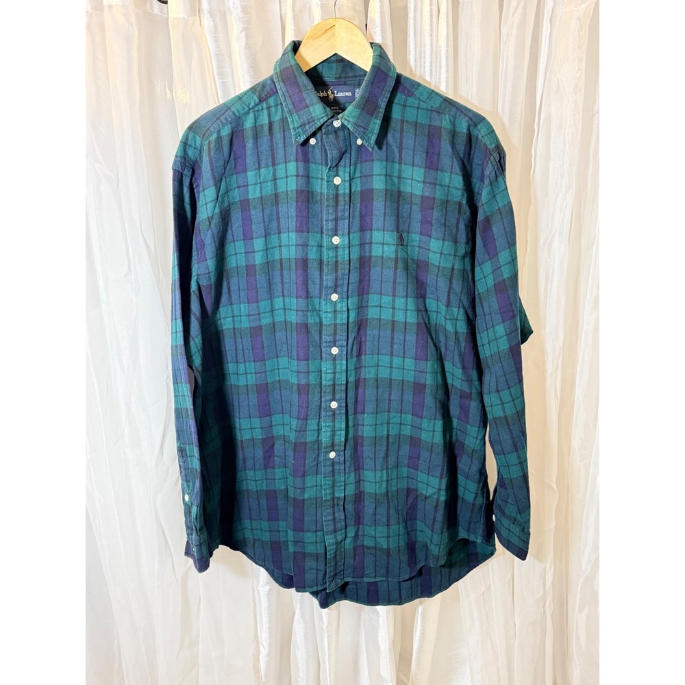 Ralph Lauren Button Down Mens Large Green Blue Plaid Blaire Flannel Shirt